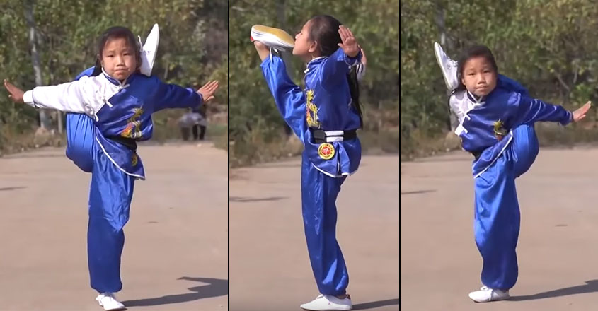 കാൽ വായിൽ, കഴുത്തിലും ചുറ്റും, 9 വയസ്സുകാരിയുടെ പ്രകടനം : വിഡിയോ, Nine year old, China girl, Viral kung fu, Manorama Online