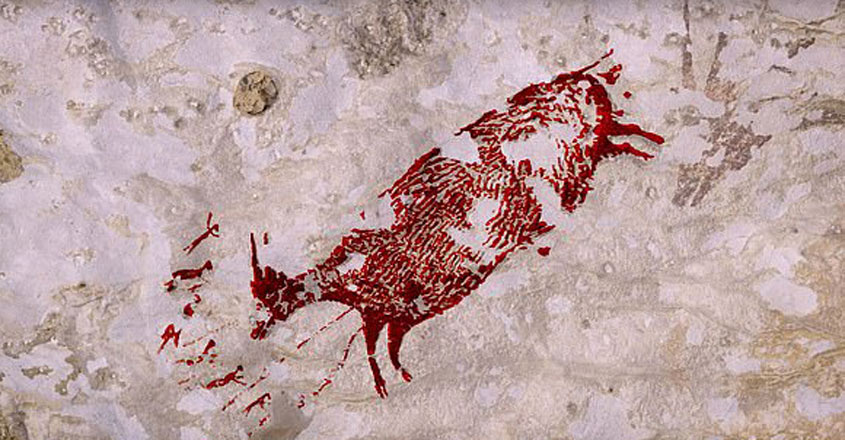 ‘മനുഷ്യമൃഗങ്ങൾ’ വേട്ടയാടുന്ന ചിത്രം ഇന്തൊനീഷ്യൻ ഗുഹയിൽ, Earliest hunting scene, Prehistoric art, Padhippura, Manorama Online